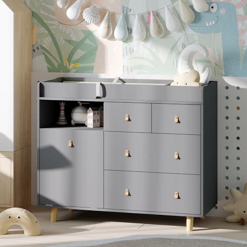 ROMSHINE Baby Changing Table Dresser with 5 Drawers, Baby Nursery Dresser with Tilt Out Laundry Basket, Infant Changing Station Organizer for Nursery and Bedroom, Grey (45" W x 18" D x 37" H)
