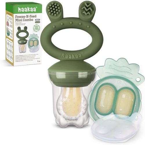 Haakaa Baby Fruit Food Feeder & Mini Freezer Nibble Tray Combo, Breastmilk Popsicle Molds for Baby Cooling Relief, BPA Free Silicone Feeder for Safe Infant Self Feeding, 4 Month+(Olive Green)