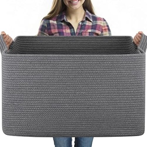 95L Extra Large Blanket Basket, 24" x 16.9" x 14.2" Woven Storage Basket for Living Room, Nursery Blanket Storage for Toys, Towels, Dirty Clothes (Grey)
