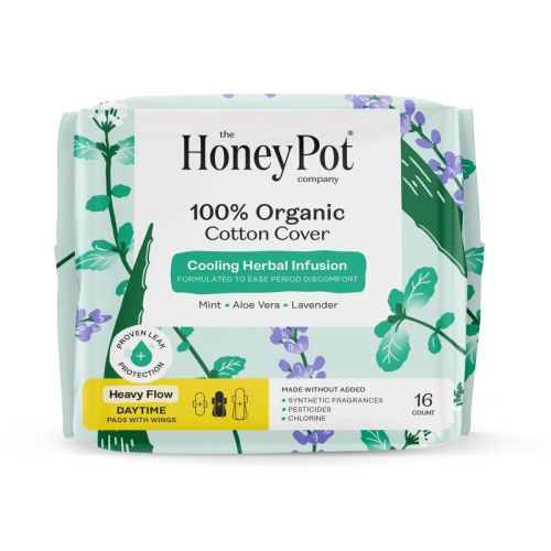 The Honey Pot Company 100% Organic Cotton Cover Cooling Herbal Infusion Heavy Flow Daytime Pad - 16ct
