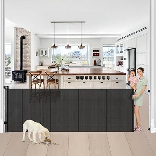 Reinforced 42” Tall x 100” Extra Wide Retractable Baby Gates for Doorways Extra Tall Pet Gate with Rods to Prevent Crawling Through, Dog Gate for Large Openings Extra Long Mesh Gate, Black