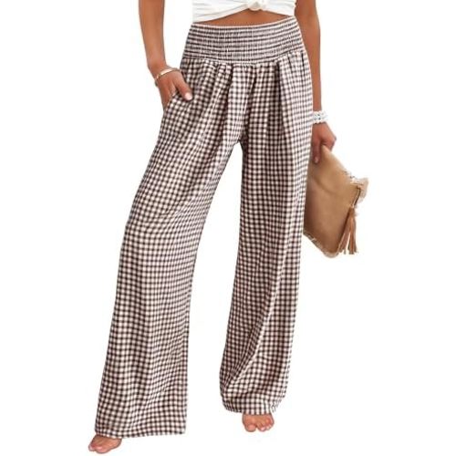 ANRABESS Womens Striped Gingham Wide Leg Palazzo Pants with Pockets