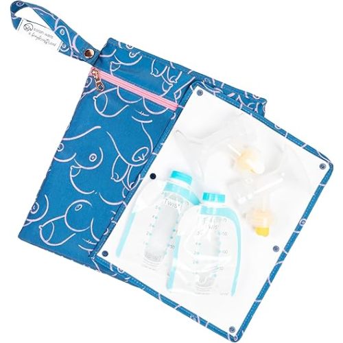 Sarah Wells Pumparoo Wet Dry Bag for Breast Pump Parts – Compact Organizer with Waterproof Pocket, Staging Mat & Fridge Hack – Machine Washable Pumping Accessory (Blue Pattern)