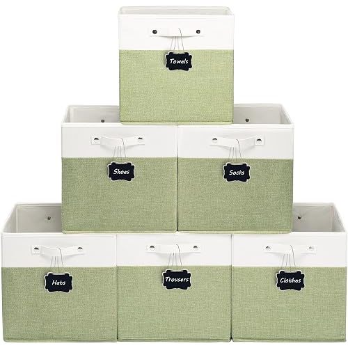 FinishingBo 13x13x13 Inches Fabric Storage Bin with Handles, Cube Storage Bins, Storage Baskets for Organizing Shelf Home Closet,6 Pack (White and Green)