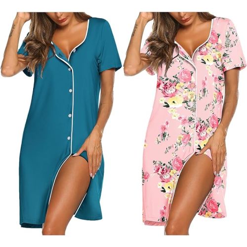 Ekouaer Nightgowns for Women 2 Pack Button Down Sleepshirt Short Sleeve Nightshirt Soft Sleepwear V Neck Pajama Dress