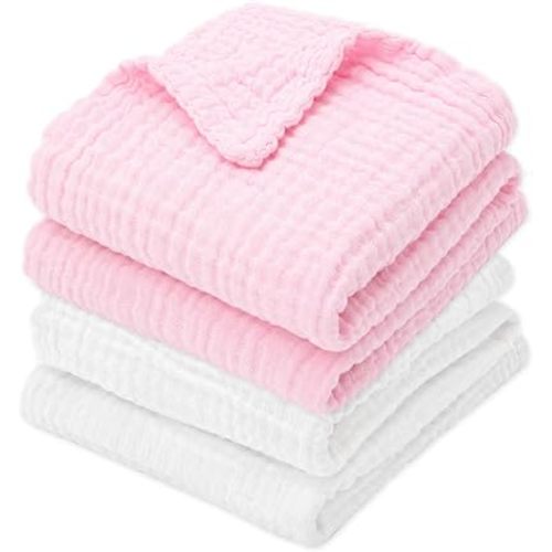 Aablexema Muslin Baby Blanket 6-Layer 43"x43", 2-Pack(White & Pink)