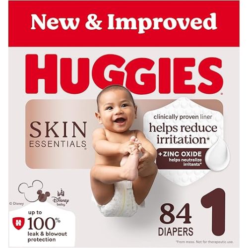 Huggies Size 1 Diapers, Skin Essentials Baby Diapers, Size 1 (8-14 lbs), 84 Count, Packaging May Vary