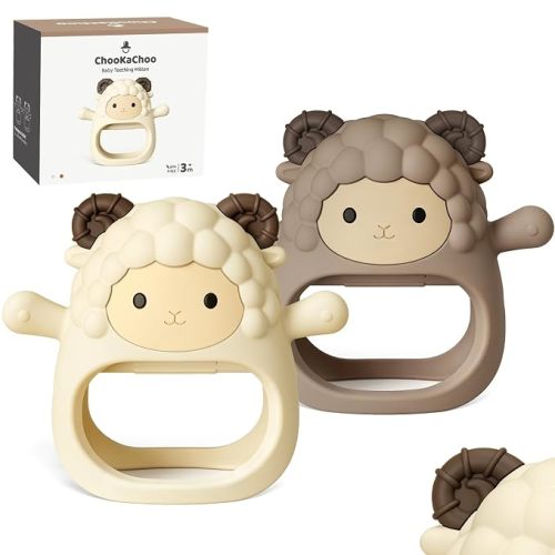 Lamb Baby Teething Toys for 3-12 Months, Silicone Teething Mitten with Pacifier-Shaped Chew Arms, Wearable No-Drop Hand Teether for Teething Relief, BPA Free (2 Pack)