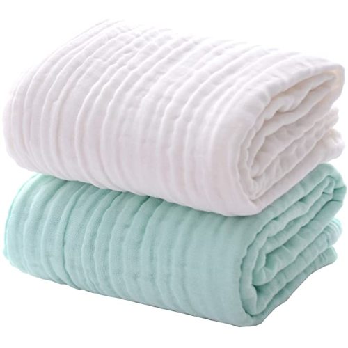 MUKIN Baby Bath Towels, Super Soft Cotton Receiving Blanket for Baby's Delicate Skin,2Pack Swaddle Blanket for Newborns Toddlers Boy Girl,Baby Registry as Shower (White+Green)