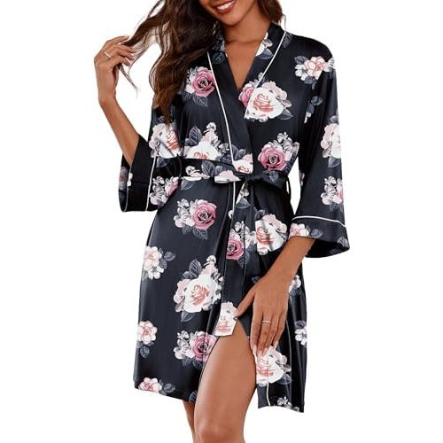Ekouaer Women Kimono Robes Knee Length Knit Bathrobe Lightweight Soft Sleepwear V-neck Casual Ladies Loungewear