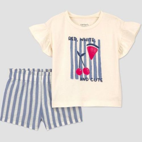 Carter's Just One You® Baby Girls' 2pc Striped Fruit Graphic Americana T-Shirt and Shorts Set - Blue/Ivory/Red 12M