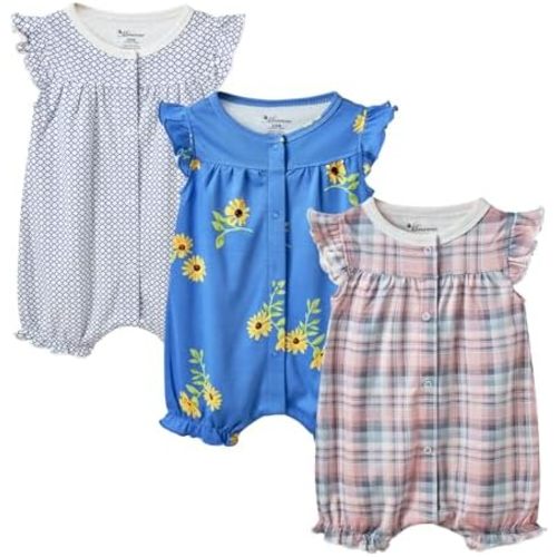 3-pack 100% Cotton Baby Girl Rompers, 0-24 months Ruffle Sleeve Toddler Romper Summer Clothes Set