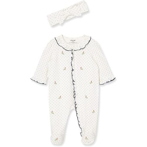 Little Me Clothes for Baby Girls 100% Cotton 2Pc Zipper Closure Footie and Headband Set, Baby Essentials