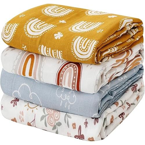 4 Set Muslin Swaddle Blankets for Newborn Baby Boys, Girls,Receiving Blankets-Cute Soft Print Baby Towel Wrap 120x110cm Baby(White)