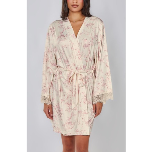 Toile Print Lace-Trim Brushed Knit Robe
