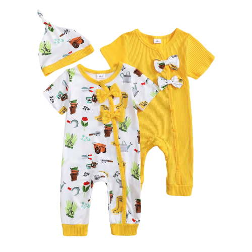 Actgleam Newborn Baby Romper with Hat Snap Short Sleeve Baby Jumpsuit,0-3Months,2 pack