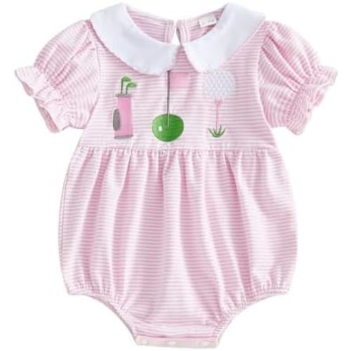 Newborn Infant Baby Girl Golf Outfit Golf Embroidery Short Sleeve Striped Bubble Romper Peter Pan Collar Bodysuit