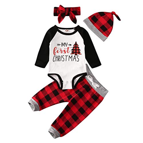 My First Christmas 4pcs Plaid Outfit Newborn Baby Boy Girl Raglan Rompers Drawstring Pant Set