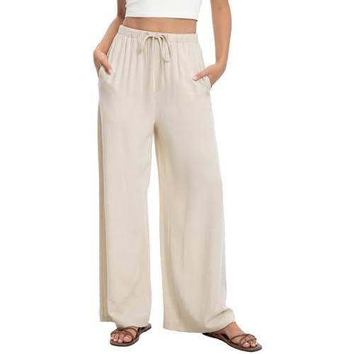 HONGTEYA Linen Pants for Women Wide Leg Palazzo Trousers Cotton Flowy Pants with Pockets for Summer Beach