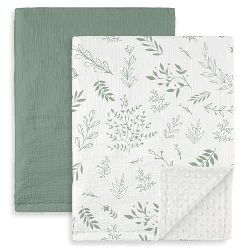 GLLQUEN BABY Blankets for Boys Girls, Soft Muslin Cotton Front Dotted Fleece Backing, Nursery Minky Crib Blanket for Infant Toddler, 30 x 40 inches Throw Blanket, Green & Leaves