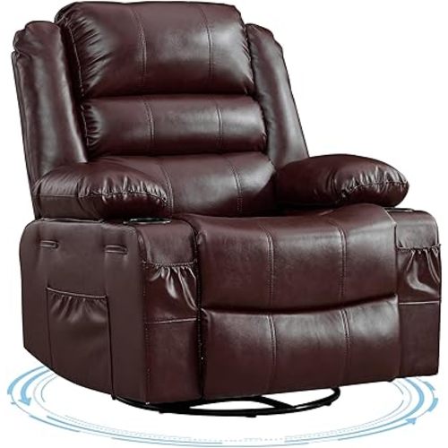 Rocking Recliner Chair for Adults PU Leather Wide Upholstered Glider Recliner with Cup Holder Deep Seat Single Sofa Rocker Chair for Nursery Living Room