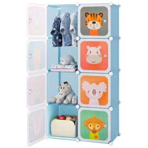 Costway 8-Cube Kids Wardrobe Baby Dresser Bedroom Armoire Clothes Hanging Closet with Doors Blue