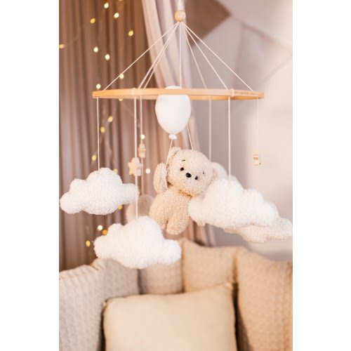 Teddy Bear Baby Mobile: Bouclé Clouds & Wooden Stars Nursery Decor