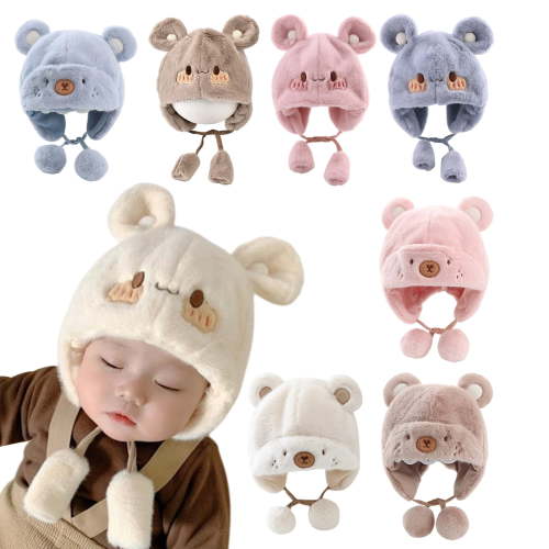 Cute Baby Boys Girls Winter Hats Bear Ears Earmuffs Cap with Soft Balls, Fleece Warm Hemming Caps