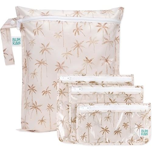 Bumkins - Waterproof Wet Bag & Clear Travel Bags - For Beach, Baby, Travel, Swim Suit, Cloth Diapers, Pump Parts, Pool, Gym, Toiletries - Reusable & Easy to Clean - Palm Trees - 4 Pack