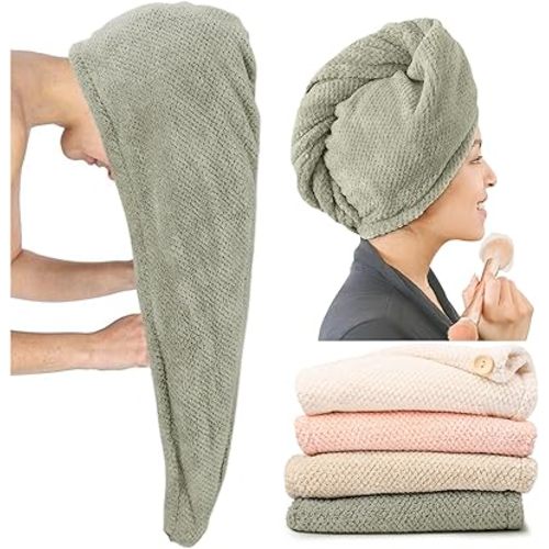 Extra Large 4 Pack Microfiber Hair Towel Wrap for Women Super Absorbent & Quick Dry Hair Drying Towels with Button, Hair Turbans for Curly Hair Long & Short Hair - Anti-Frizz (green pinstripe)