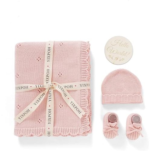 YIXPOH Organic Cotton Baby Blanket Knit Beanie Hat Booties Set