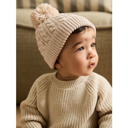 Cream Knitted Cable Pom Beanie