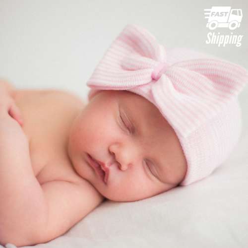 Pink Striped Newborn Hospital Hat: Baby Girl Bow Beanie