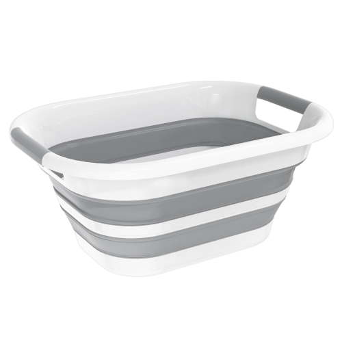 Kusmil 26L Collapsible Plastic Laundry Basket, Foldable Pop up Storage Container Space Saving Washing Tub Organizer (White/Grey)