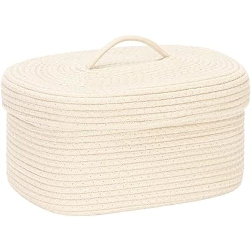 Sea Team Oval Cotton Rope Storage Basket with Lid, Lidded Woven Storage Bin, Nursery Storage Container, Diaper Caddy, Baby Shower Basket, Box, Organizer, 15 x 11 x 6.5 Inches (Medium, Cream)