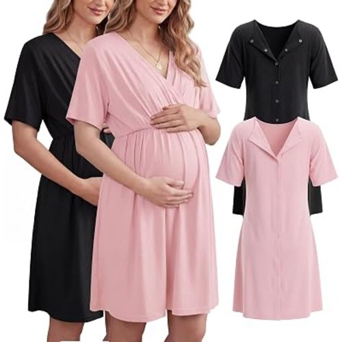 Cutecrop 2 Pack Labor and Delivery Gown for Hospital Maternity Nursing Short Sleeve Gown Button Back Birth Recovery Sleepwear