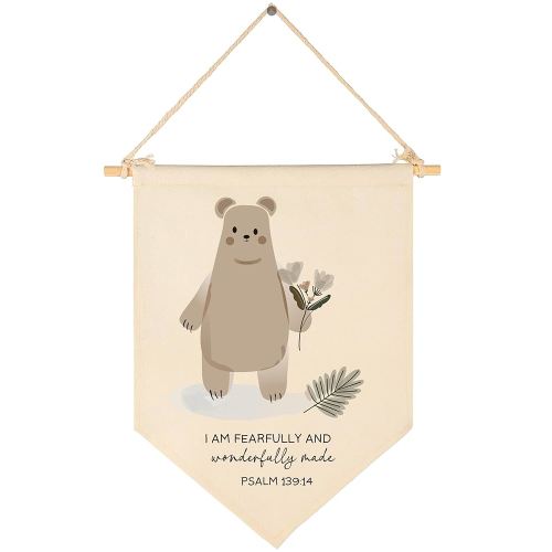 Woodland Animal Bear-I Am Fearfully and Wonderful Made-Flag Wall Decor Gifts for Baby Girls Boys Kids-Canvas Hanging Pennant Banner Wall Sign Gifts for Nursery Baby Room Playroom Bedroom Front Door