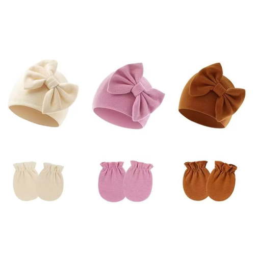 Newborn Baby Hats Mittens Sets Bow Infant Caps Gloves No Scratch Mitten Beanie Set for 0-6 Months Girls