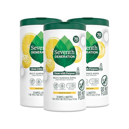 Seventh Generation Multi Surface Wipes, Pack of 3, for all purpose cleaning, lemon zest scent with 100% essential oils and botanical ingredients, 70 ct each