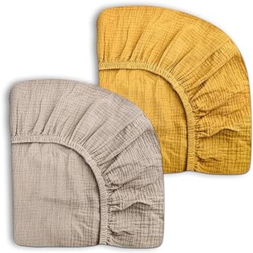 Pack and Play Sheets for Baby Boy and Girl 2 Pack, Neutral Muslin Cotton Pack N Play Mattresses Sheet 27"x39", Muslin Nursery Bedding Soft and Breathable Comfort (Beige & Mustard Yellow)