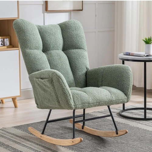 Hforesty Nursery Rocking Chair Teddy Upholstered Glider Rocker,with Comfortable Armchair for Living Room & Nursery, GREEN