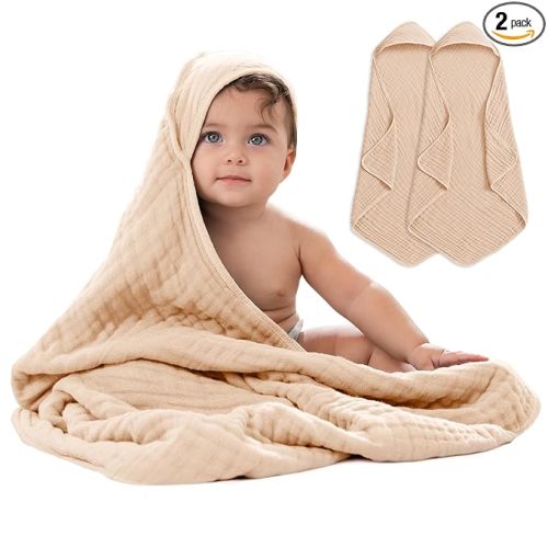 Comfy Cubs Hooded Baby Towel 2-Pack, Large 32 x 32 Inch - 6 Layer 100% Muslin Cotton for Babies, Toddlers and Kids - Soft & Absorbent Baby Bath Towels - Unisex Design for Bath Time - Cream