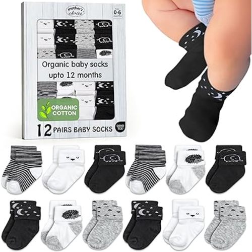 Mother's Choice Organic Cotton Baby Socks 0-6 Months - 12 pairs Soft, Cozy, and Gentle Newborn Socks for Girls & Boys, Perfect for Baby Registry, Everyday Wear, and Infant Comfort