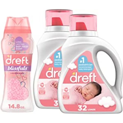 Dreft Stage 1: Newborn Hypoallergenic Baby Laundry Detergent Liquid Soap, 64 Total Loads, 46 Ounce (Pack of 2), & Dreft Blissfuls Laundry Scent Booster Beads for Washer, Baby Fresh Scent, 14.8 oz - Laundry Detergent and Scent Booster Bundle