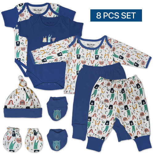 Baby Bright Newborn Baby Boy Essentials, 8-Piece Layette Set, Cotton, Size 0-3 Months