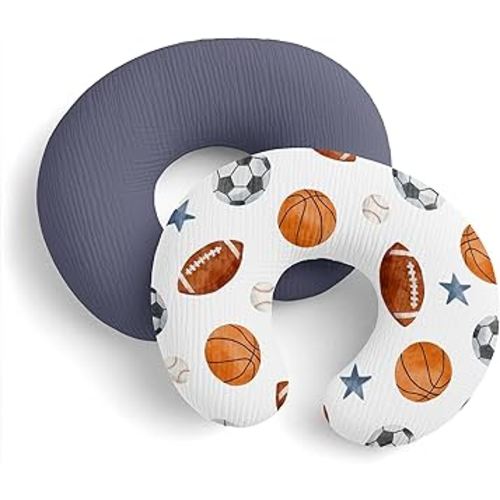 Sweet Jojo Designs 2-Piece Muslin Nursing Pillow Covers Set (Sports Theme) for Newborn Baby Boys 100% Cotton Breastfeeding Pillowcases-PILLOW NOT INCLUDED (Solid Blue, Watercolor Vintage Sport Themed)
