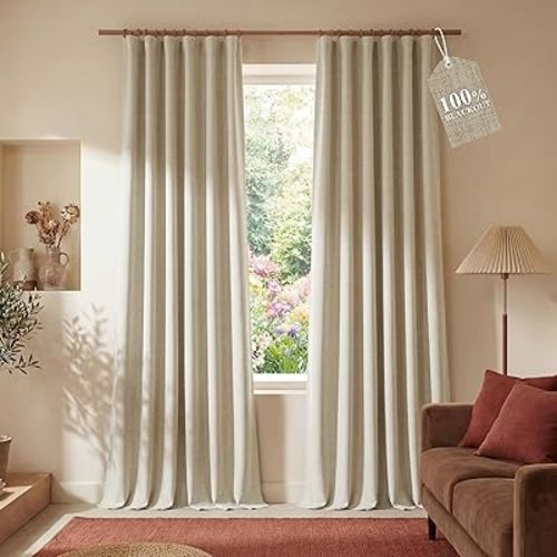 NICETOWN Linen 100% Blackout Curtains with Hook Belt for Pinch Pleat Look, Heavyweight 3-in-1 Construction Thermal Insulated Window Treatments for Bedroom, 2 Panels, Cream, W52 x L84