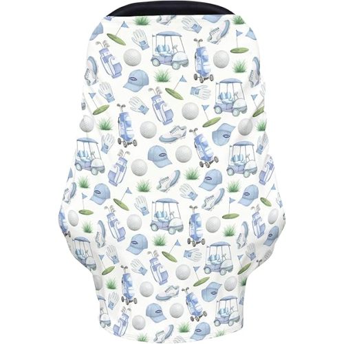 Golf Days Sports Golfing Baby Car Seats Covers Vintage Golf Cart Clubs Balls Infant Car Canopy Nursing Cover Breast Feeding Covers for Babies Boys Girls Shower Gifts