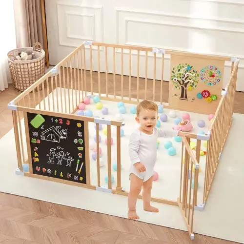 All-in-one Wood Baby Playpen with Door, Adjustable Wooden Play Fence with Magnetic Dual-Sided Chalkboard, Whiteboard & Montessori Activity Toys, Expandable Activity Center Safe Playard for Babies 3M+