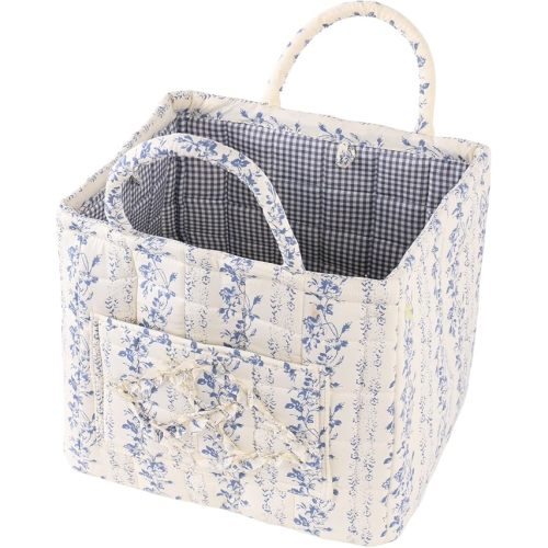 Quilted Fabric Car Storage Basket with Handles & Pocket, Foldable Laundry Hamper Boho Floral Print Organizer Bin for Home, Picnic, Office Nursery Cloth Toy 12"x10"x10" (Style E)